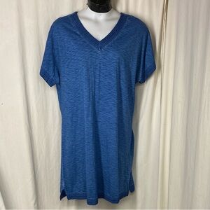 Chico’s 3 XL Blue V Neck Pigment Dye Knee Embroidered Neckline Sleeves Dress
